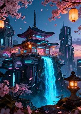 Cyberpunk Japanese Temple with Waterfall