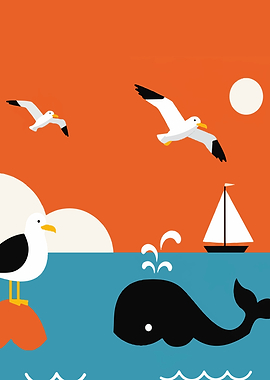 Whale, Seagulls, and Sailboat Illustration
