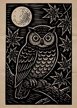 Owl and Moon Woodcut Illustration