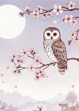 Watercolor Owl on Cherry Blossom Branch