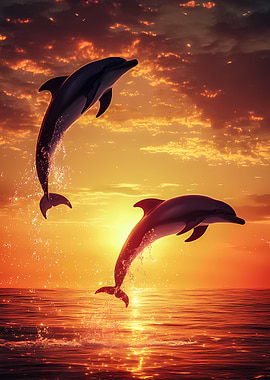Dolphins jumping at sunset