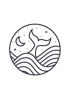 Whale Tail Ocean Night Line Art