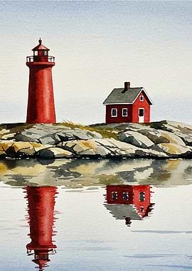 Red Lighthouse and House Watercolor Painting