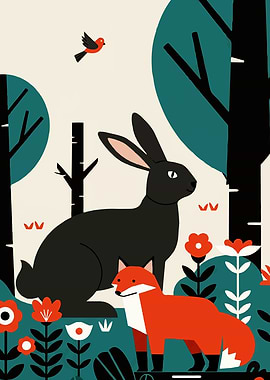Fox, Rabbit, and Bird in Forest