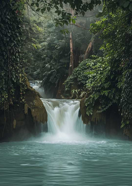 Waterfall in Lush Green Forest