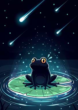 Frog on Lily Pad Under Meteors