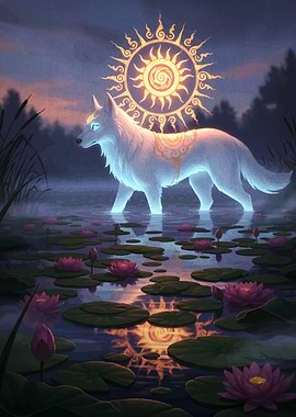 Mystical White Wolf in Lily Pond
