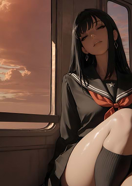Anime Girl in School Uniform on Train