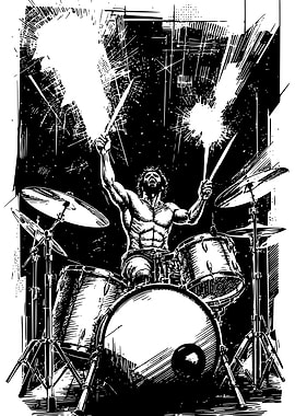 Drummer with Drumsticks Raised