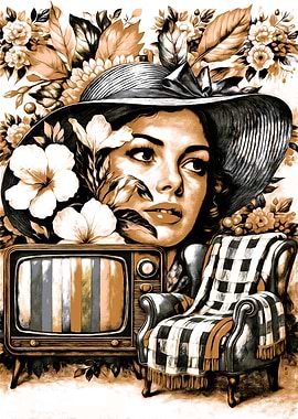 Vintage Woman with TV and Chair