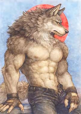Muscular Anthro Wolf with Red Sun