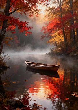 Autumn Lake with Boat and Fog