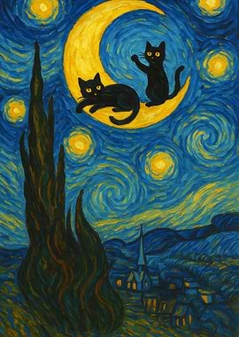 Starry Night Cats on the Moon | Van Gogh Style Feline Art