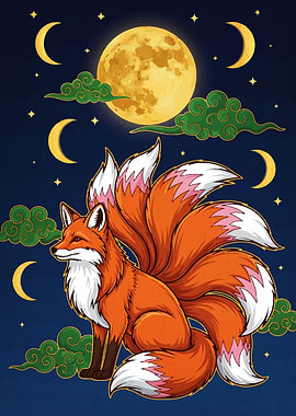 Nine-tailed fox illustration with moon