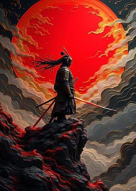 Samurai Warrior with Golden Clouds and Blood Moon