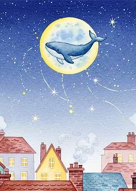 Whale on the Moon Watercolor