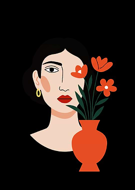 Woman with Flowers in Vase Illustration