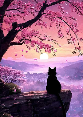 Black Cat and Cherry Blossoms