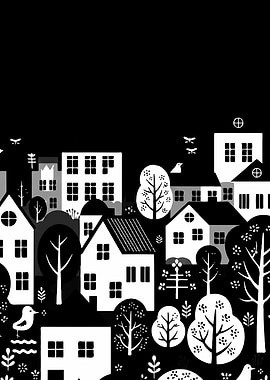 Black and White Town Illustration