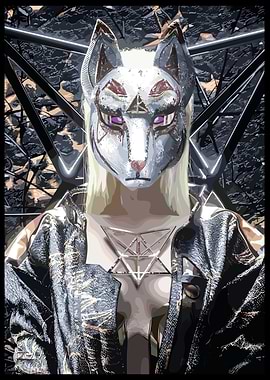 Fox Masked Figure with Geometric Background