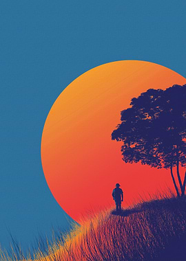 Silhouette Walker with Sunset and Tree