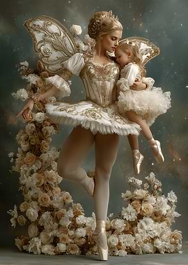 Ballerina with Child in Floral Setting