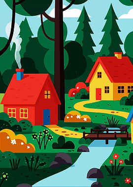 Cartoon Houses in Forest Landscape