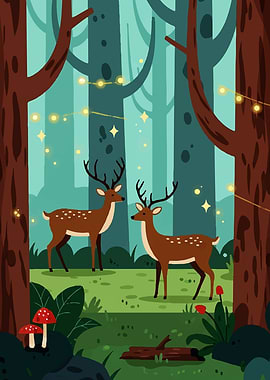 Cartoon Deer in Forest Illustration