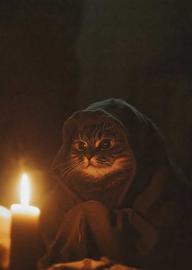 Mystical Cat in Hood with Candles