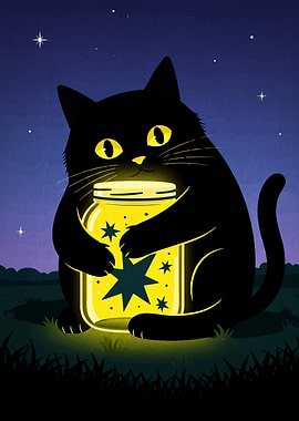 Black Cat with Jar of Stars