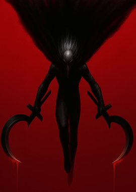 Dark Figure with Scythes on Red