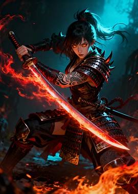 Female Samurai with Flaming Katana
