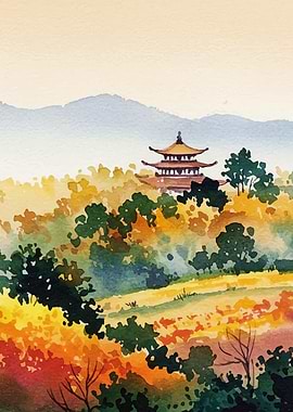 Watercolor Asian Temple Landscape