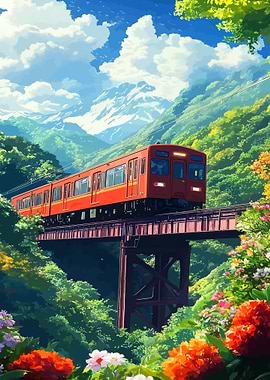 Red Train in Mountainous Landscape