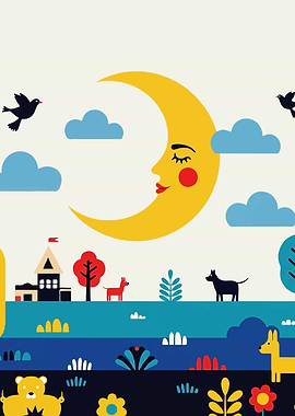 Stylized Moonlit Landscape with Animals