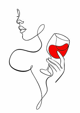 Woman with Wine Glass Line Art