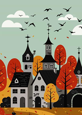 Autumn Village Illustration