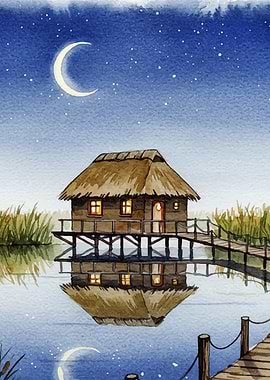 Watercolor House on Stilts at Night