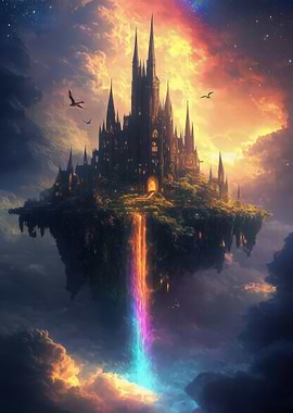 Floating Castle with Rainbow Waterfall