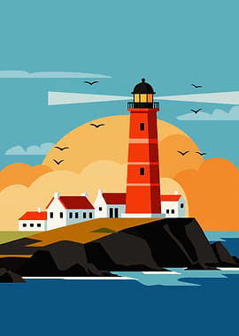 Lighthouse on Rocky Coastline Illustration