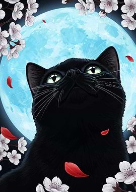 Black Cat Gazing at the Moon