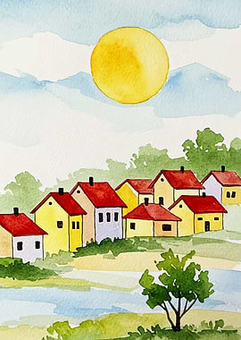 Watercolor Village Under the Sun