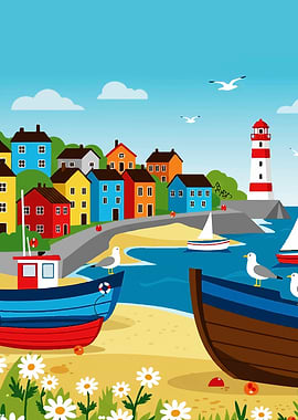 Coastal Village Scene with Boats