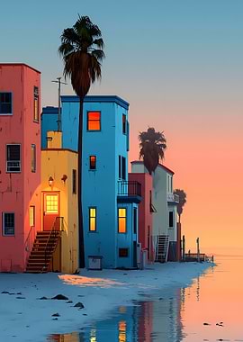 Beachfront Colorful Houses at Sunset