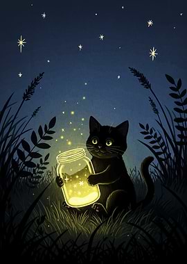 Black Cat with Jar of Stars
