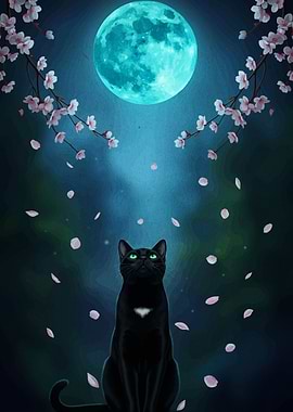 Black Cat Under Moonlight with Blossoms