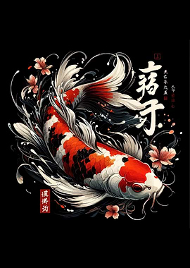 Koi Fish Art with Floral Accents