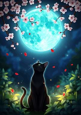 Black Cat Gazing at the Moon