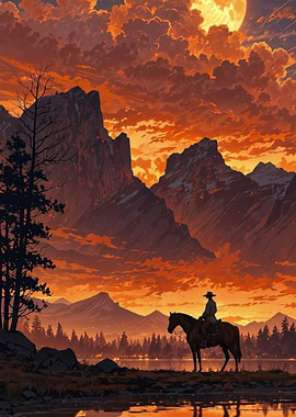 Cowboy on Horseback at Sunset