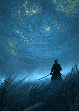 Samurai under Starry Night Sky